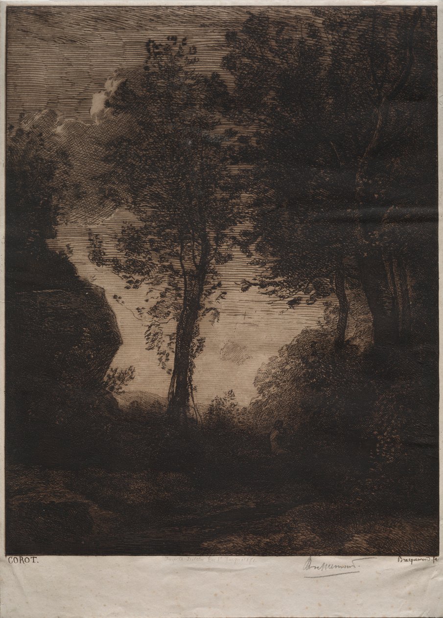 Krajobraz: Zachód słońca według Corot autorstwa Felix Bracquemond