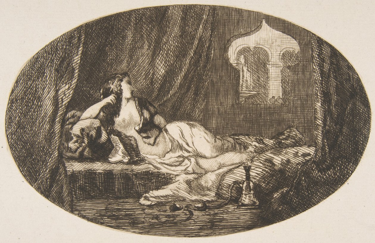Odaliska leżąca w haremie, z Titres de Romance, 1857. autorstwa Felix Bracquemond