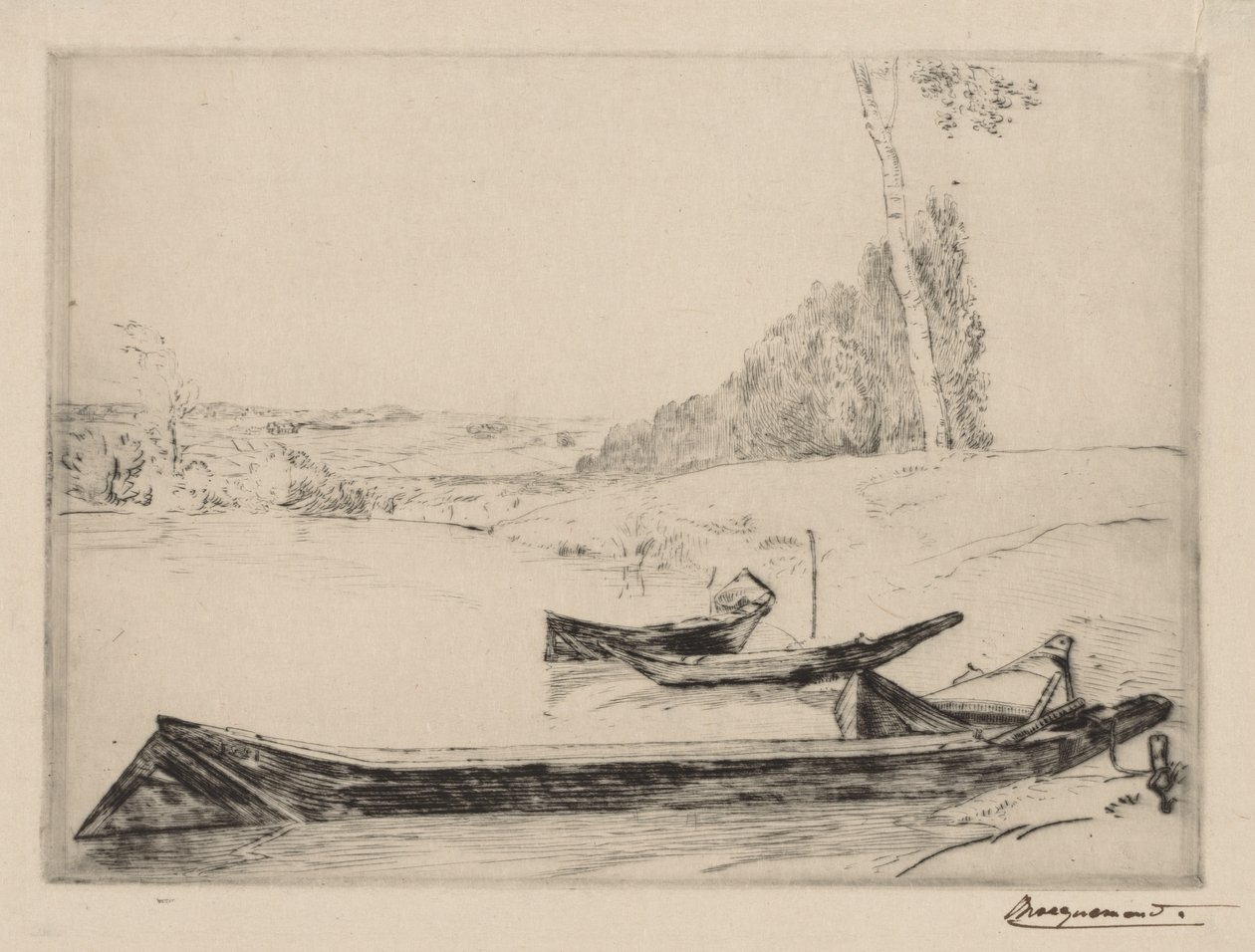 Małe promy na brzegach Sekwany, ok. 1930 r. 1858. autorstwa Felix Bracquemond