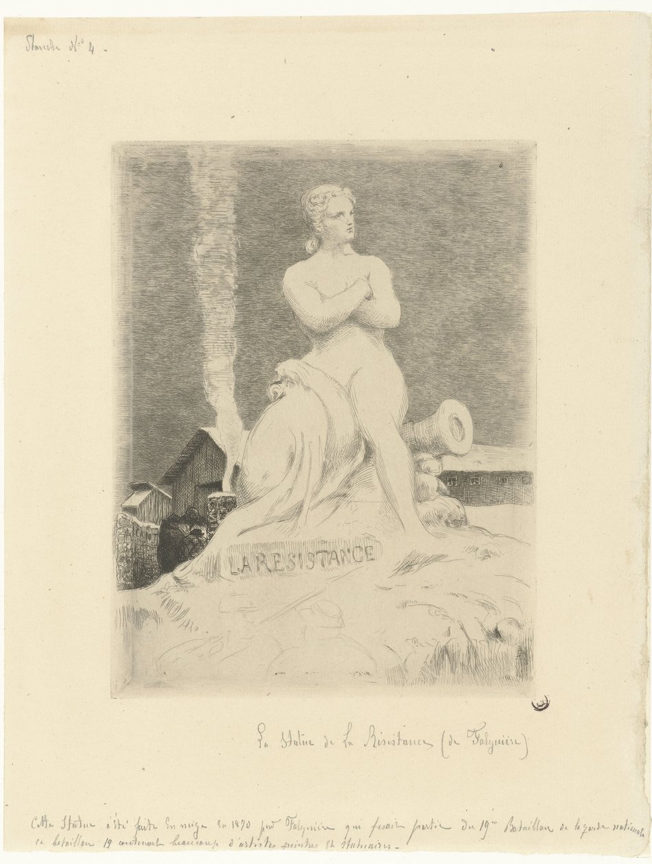 Statua La Résistance (Opór) Alexandre Falguière i żołnierzy podczas oblężenia Paryża La Resistance Siege de Paris en 1870 (tytuł serii) autorstwa Felix Bracquemond