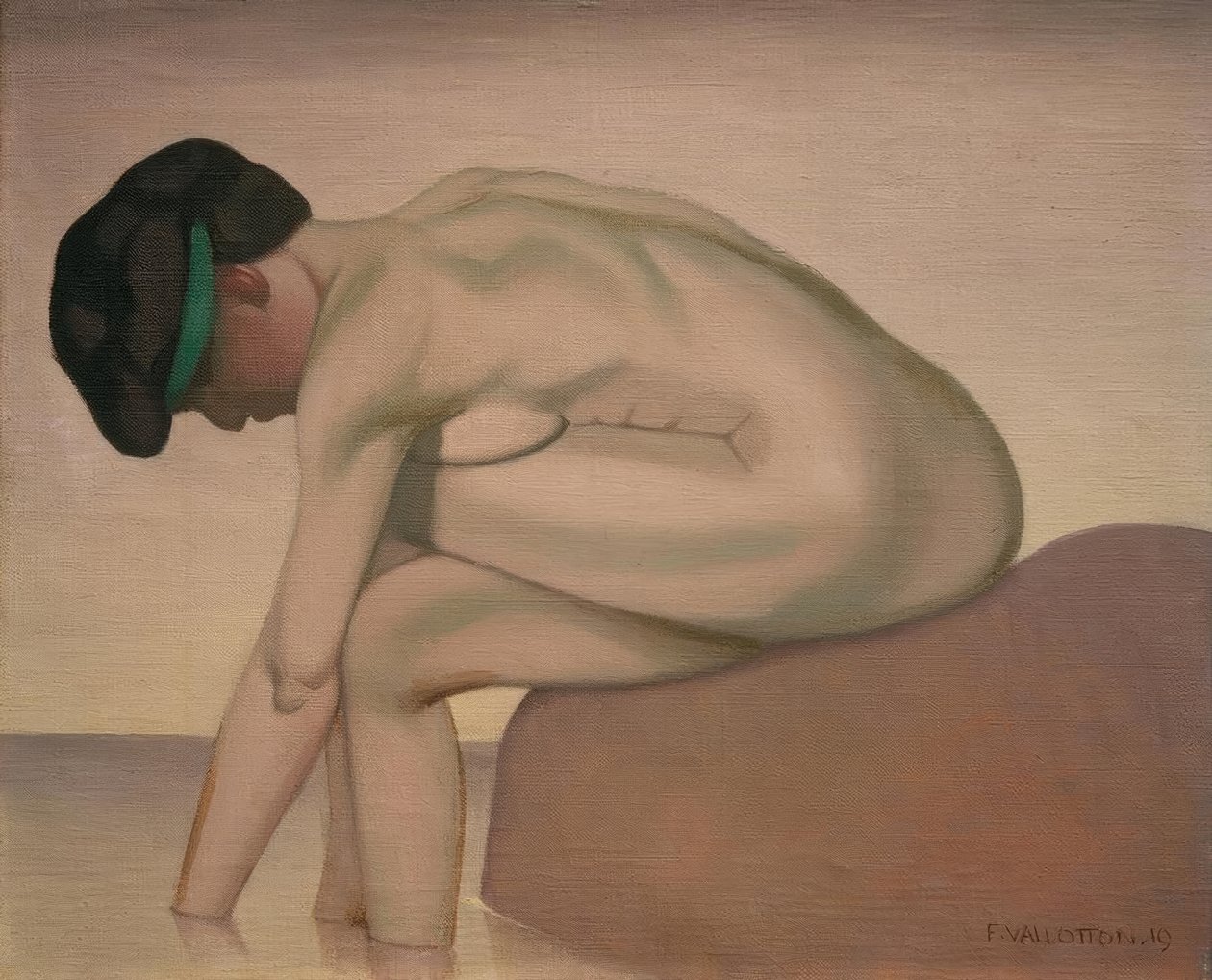 Kąpiący się siedzący z profilu na skale autorstwa Felix Edouard Vallotton