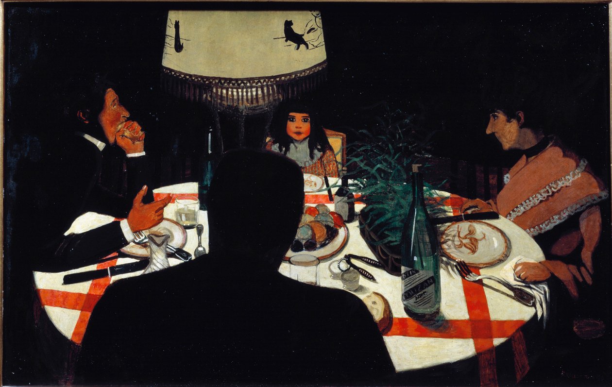 Kolacja, efekt lampy. (1899. Olej na drewnie) autorstwa Felix Edouard Vallotton