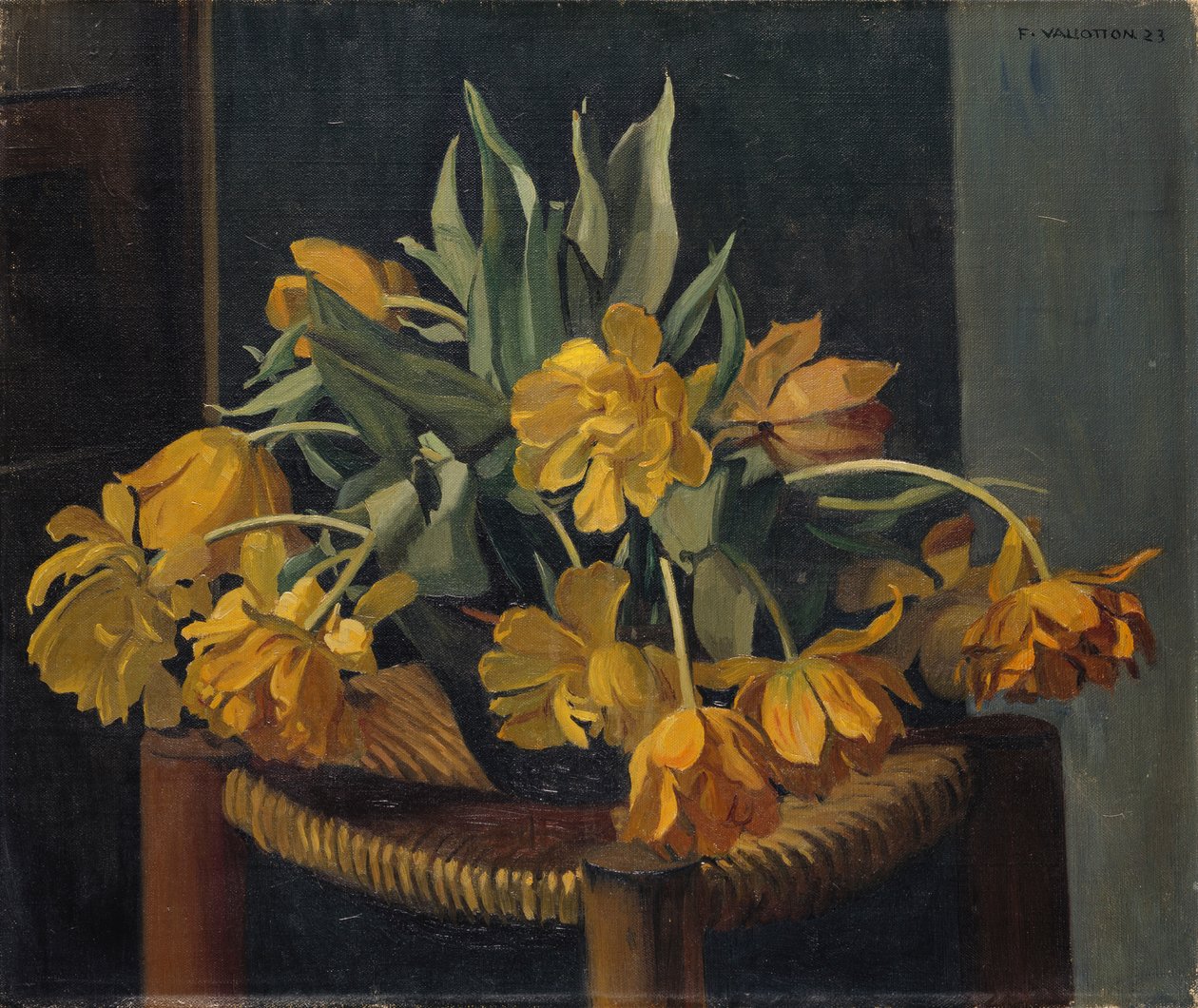Podwójne żółte tulipany na wiklinowym fotelu, 1923 autorstwa Felix Edouard Vallotton