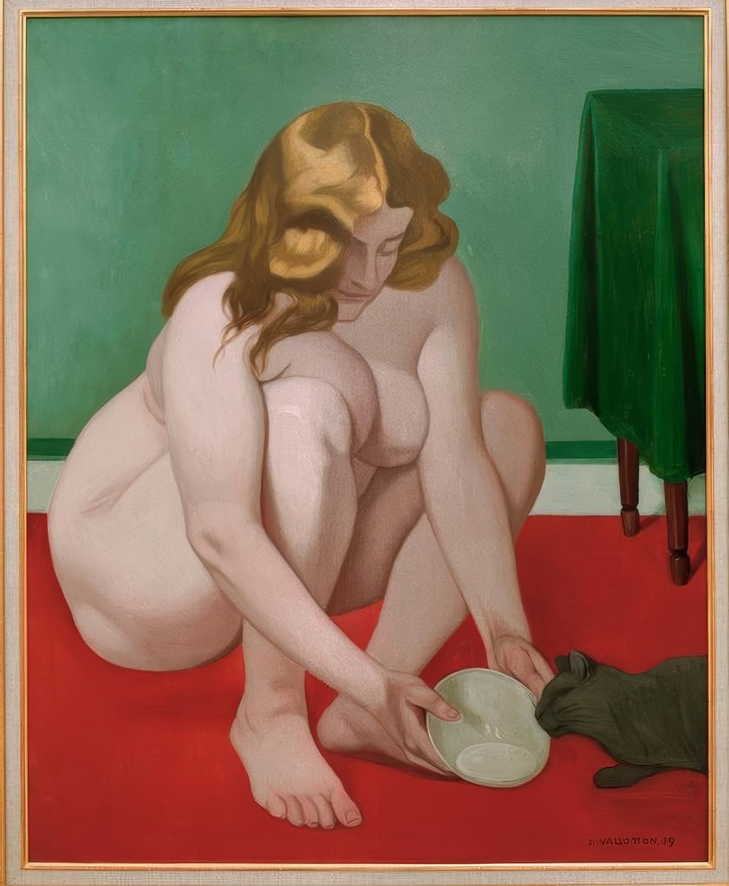 Przykucnięta kobieta oferująca kotu mleko autorstwa Felix Edouard Vallotton