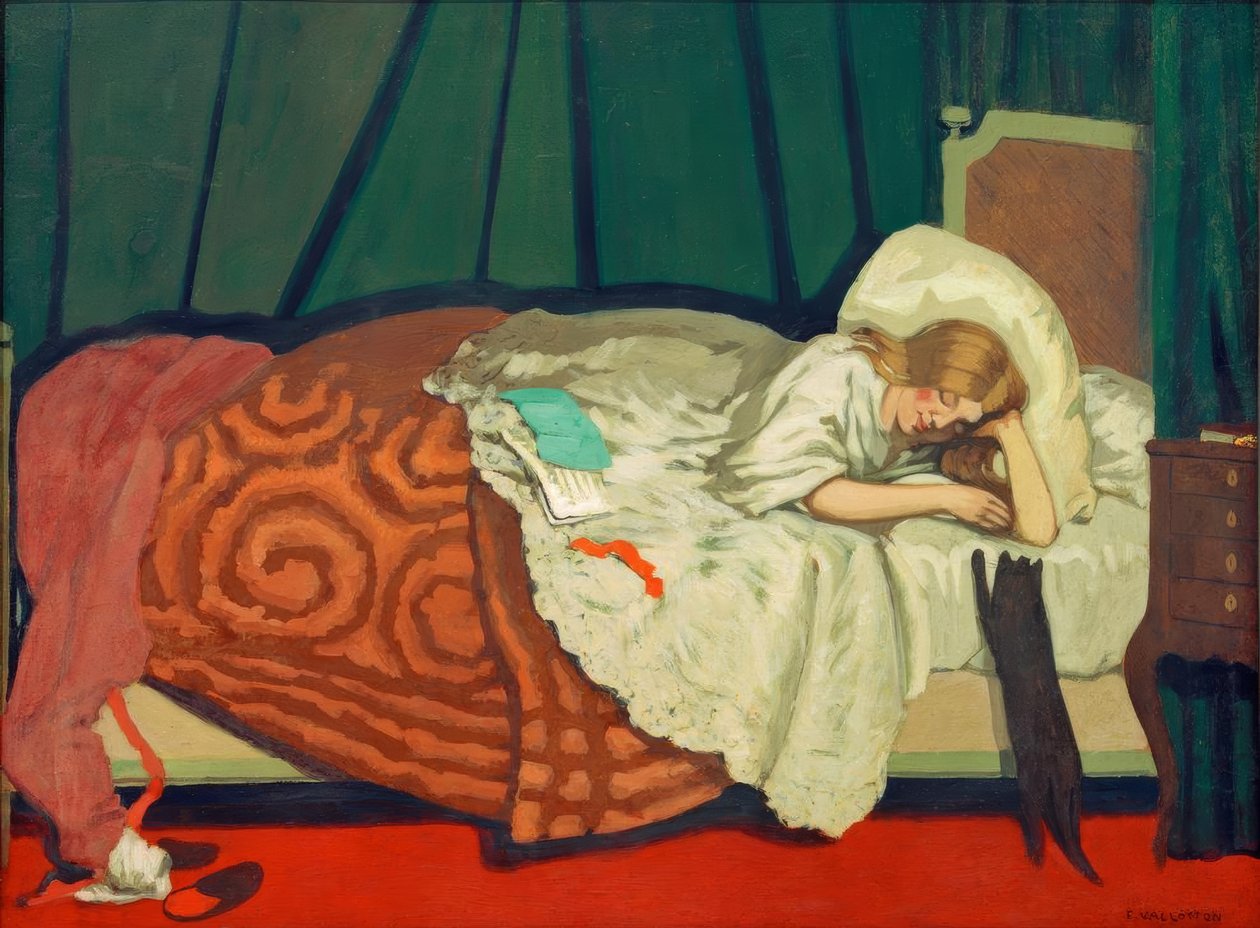 Kobieta w pozycji leżącej bawiąca się kotem autorstwa Felix Edouard Vallotton