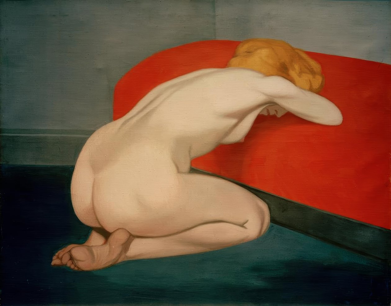 Naga kobieta klęczy przed czerwoną kanapą autorstwa Felix Edouard Vallotton