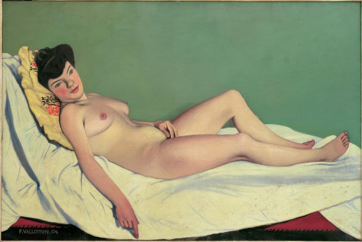 Naga kobieta leżąca na białym prześcieradle, żółtej poduszce autorstwa Felix Edouard Vallotton
