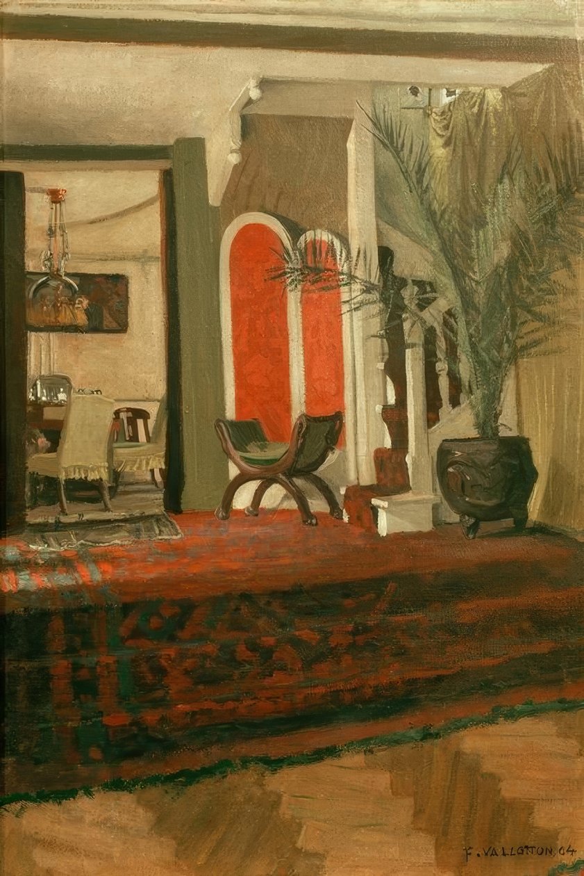Wnętrze, pokój dzienny z klatką schodową i jadalnią w piwnicy autorstwa Felix Edouard Vallotton