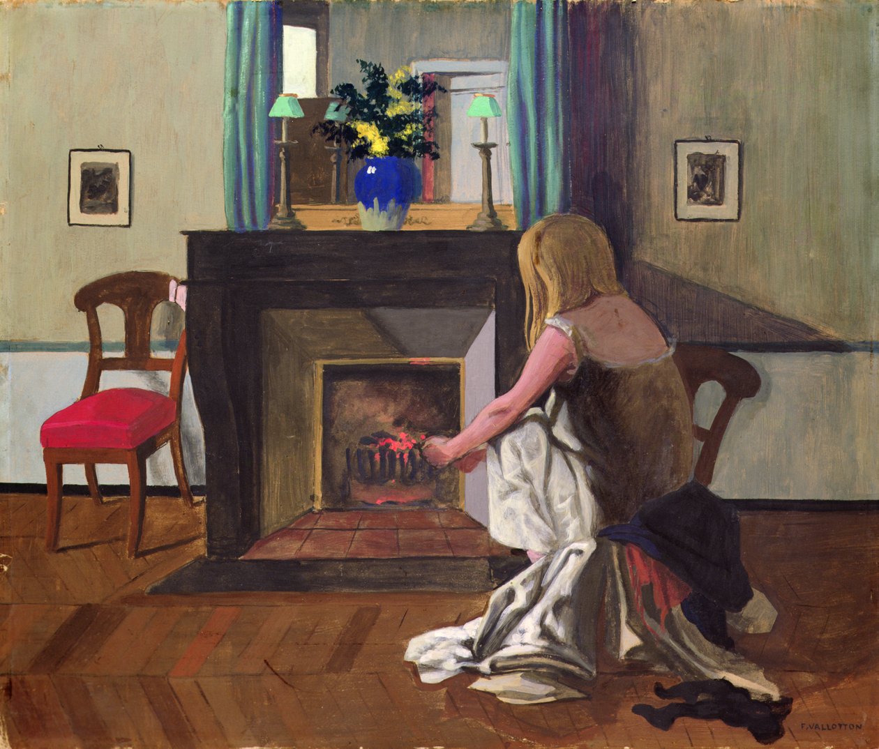 Wnętrze z kobietą w koszuli autorstwa Felix Edouard Vallotton