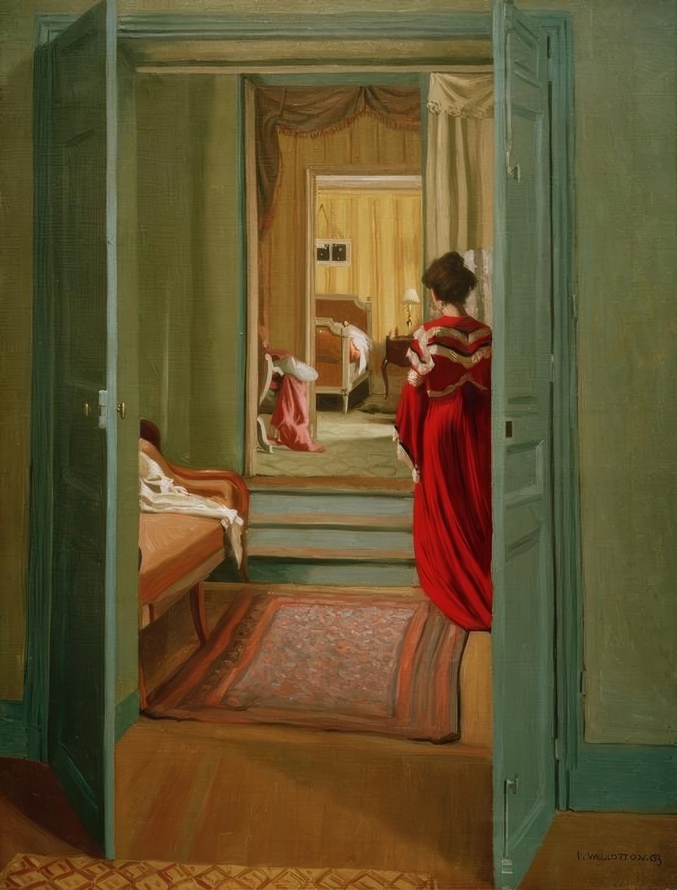 Wnętrze z kobietą w modzie od tyłu autorstwa Felix Edouard Vallotton