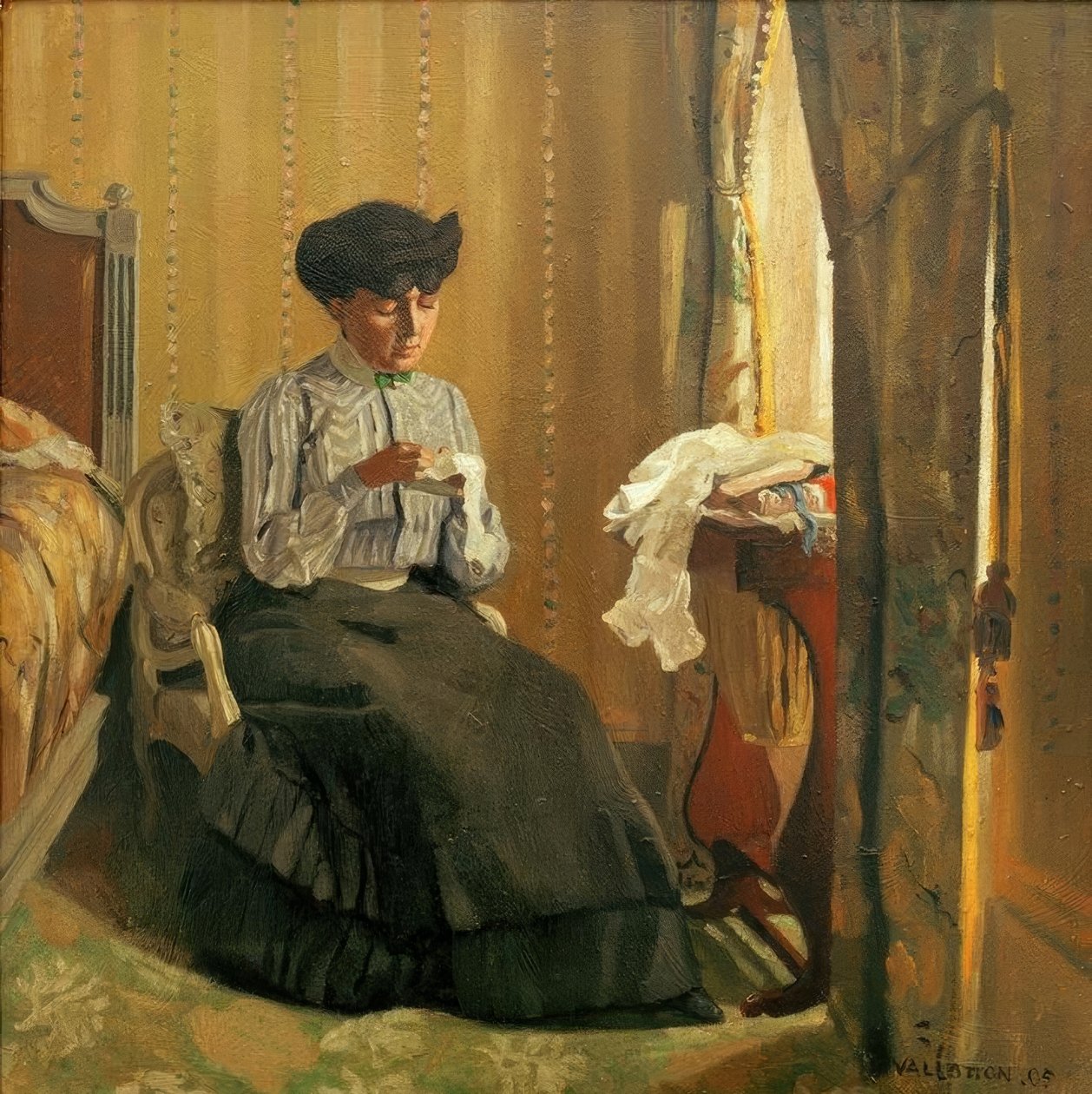 Młoda kobieta szyjąca w pobliżu okna autorstwa Felix Edouard Vallotton