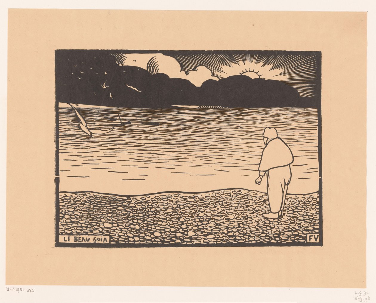 Mężczyzna o zachodzie słońca nad morzem Le beau-soir (tytuł na obiekcie) autorstwa Felix Edouard Vallotton