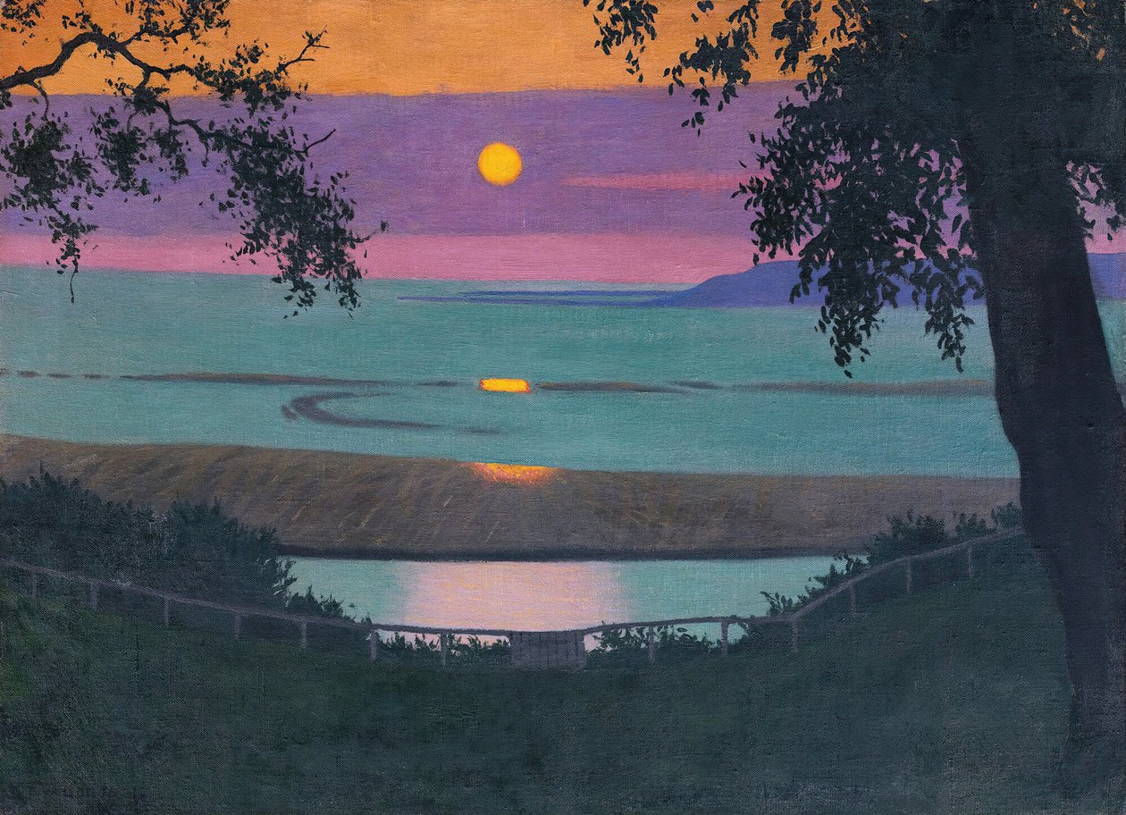 Zachód słońca w łasce, pomarańczowe i fioletowe niebo, 1918. autorstwa Felix Edouard Vallotton