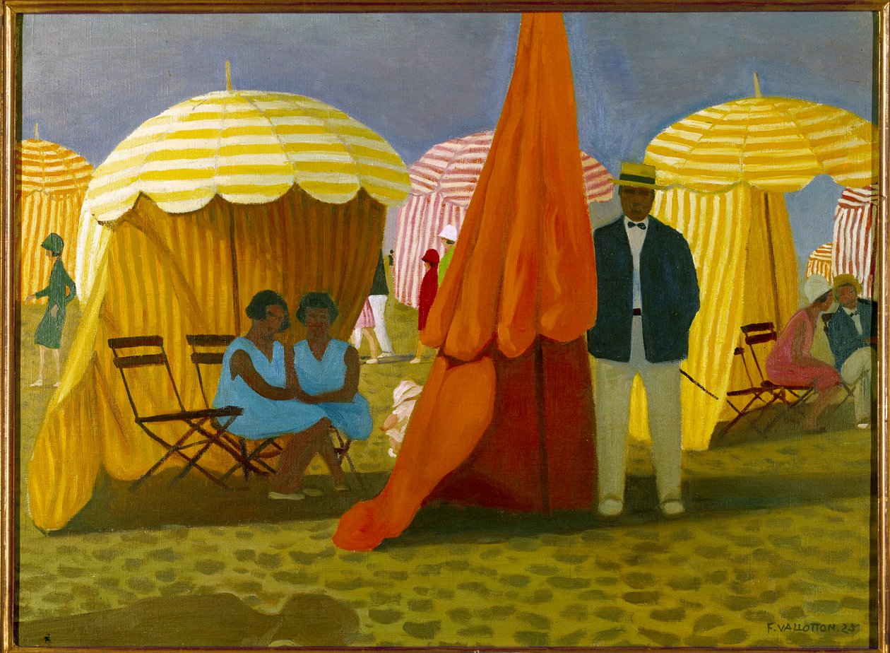 Plaża. Wczasowicze pod parasolami osłonięci od wiatru. Obraz Felixa Vallottona (1865-1925) Ec. Podążać. autorstwa Felix Edouard Vallotton