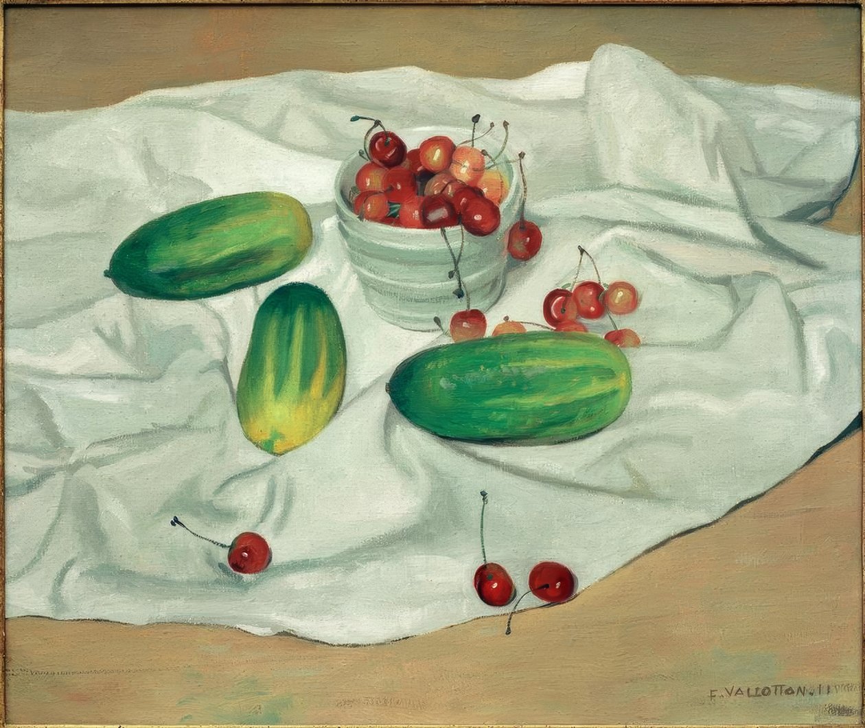 Trzy ogórki i czarny wazon z wiśniami autorstwa Felix Edouard Vallotton