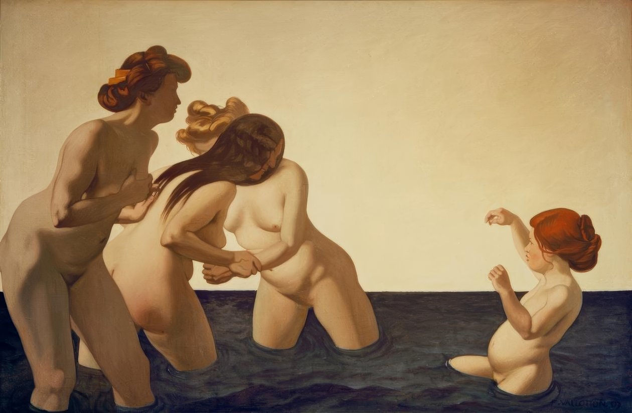 Trzy kobiety i mała dziewczynka, bawiące się w wodzie autorstwa Felix Edouard Vallotton