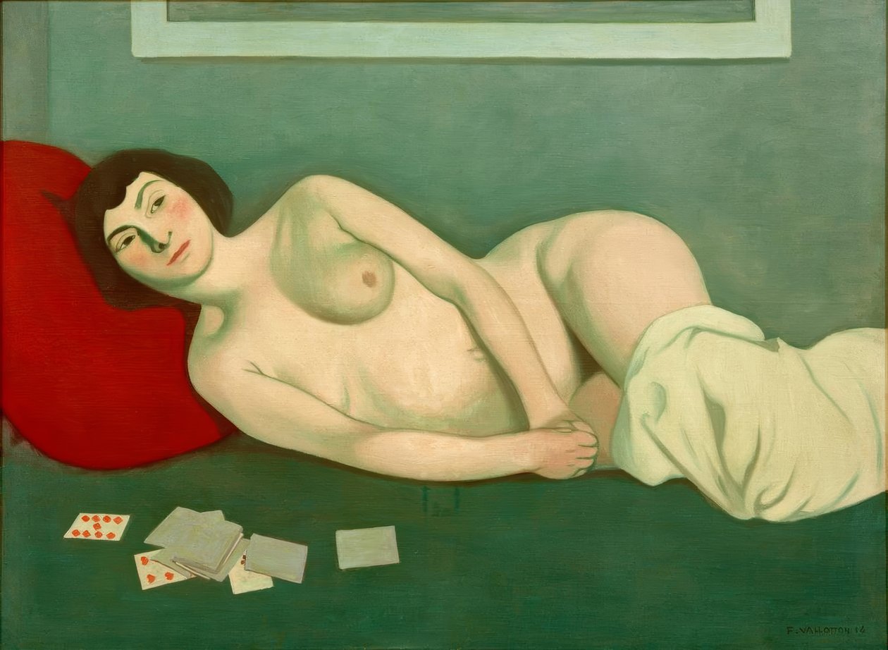 naga kobieta leżąca z kartami kredytowymi autorstwa Felix Edouard Vallotton