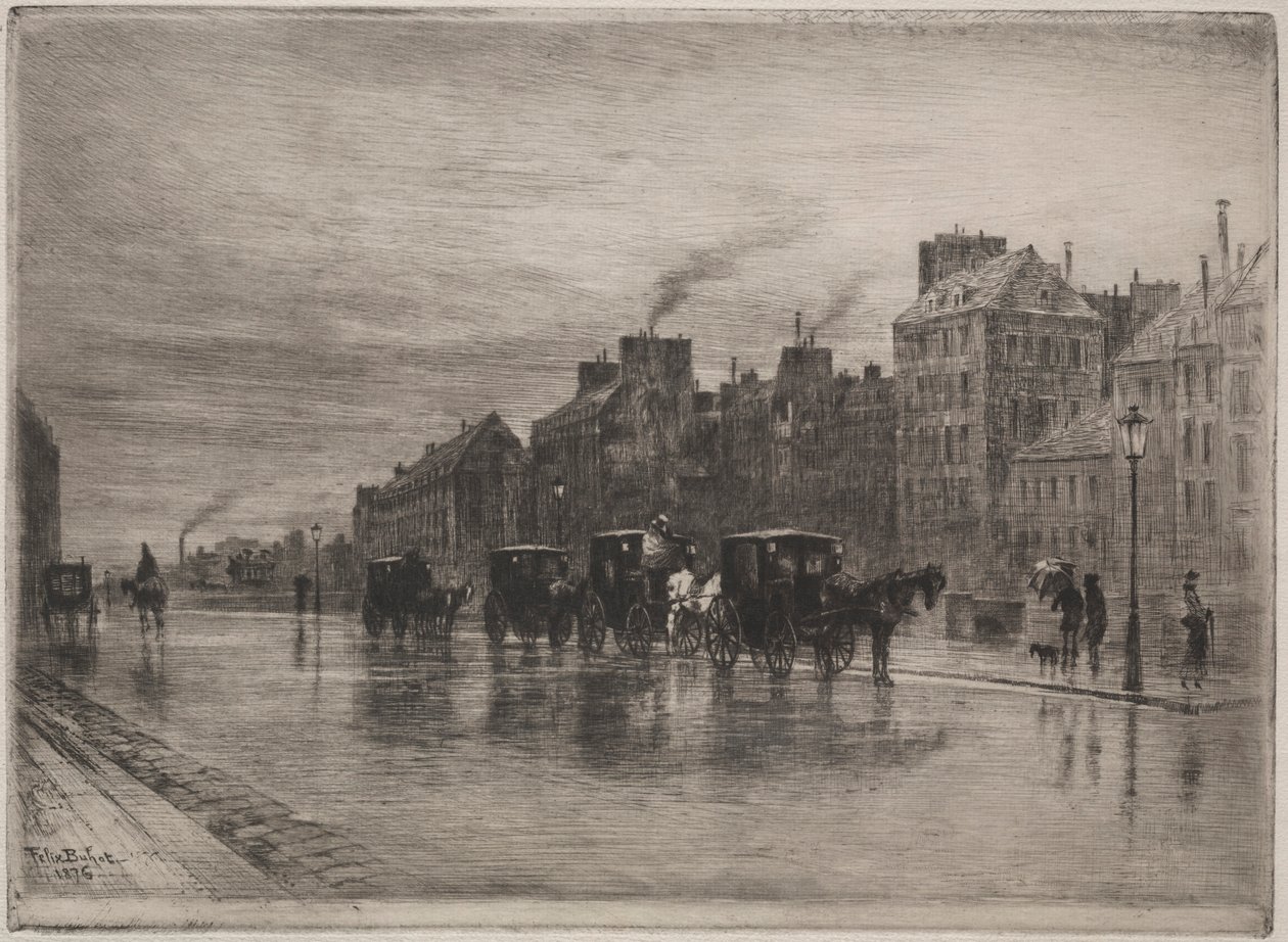 Zimowy poranek na Quai de LHotel-Dieu, 1876. autorstwa Felix Hilaire Buhot