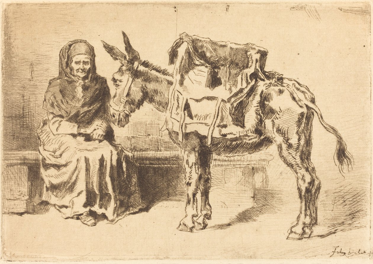 Cacoletière Assise siedząca kobieta i tyłek, 1875. autorstwa Felix Hilaire Buhot