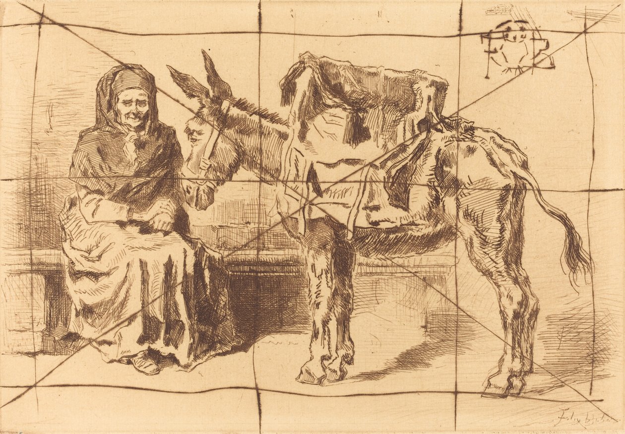 Cacoletière Assise siedząca kobieta i tyłek, 1875. autorstwa Felix Hilaire Buhot