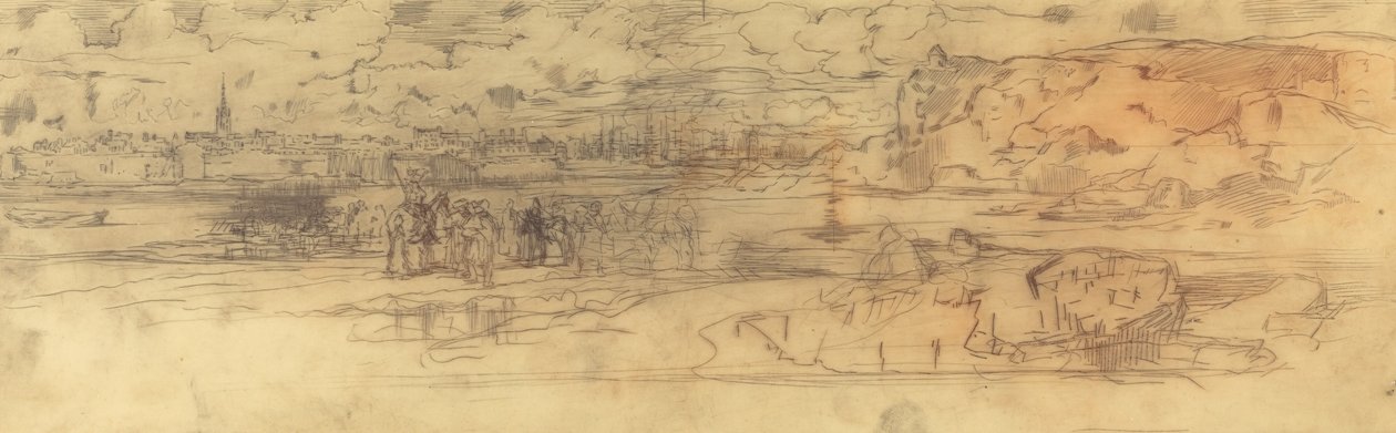 Estuarium z ufortyfikowanym portem morskim po lewej i klifami po prawej, 1882. autorstwa Felix Hilaire Buhot