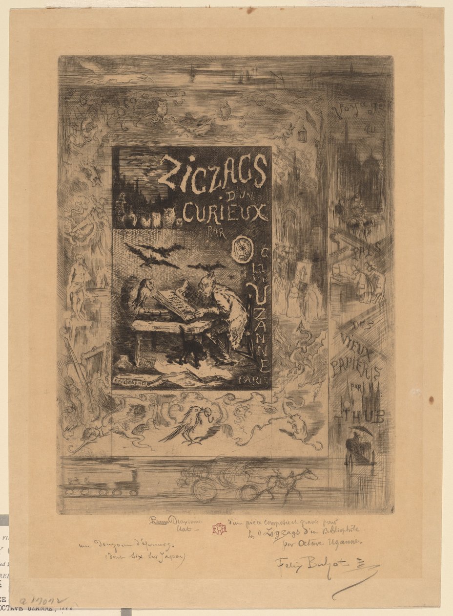 Frontyspis do „Zygzaków ciekawskich” Octave Uzanne autorstwa Felix Hilaire Buhot