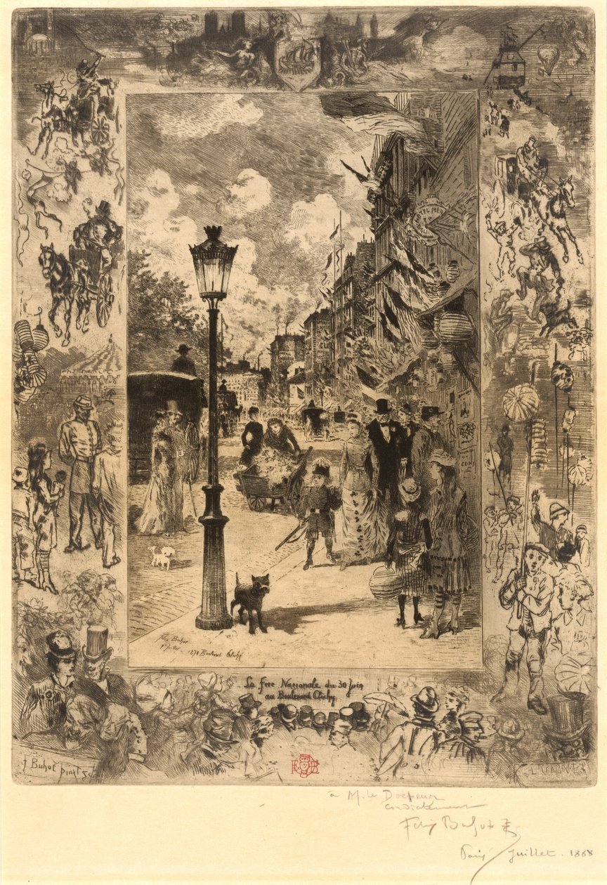 Święto narodowe na bulwarze Clichy Święto narodowe na bulwarze Clichy, 1878. autorstwa Felix Hilaire Buhot