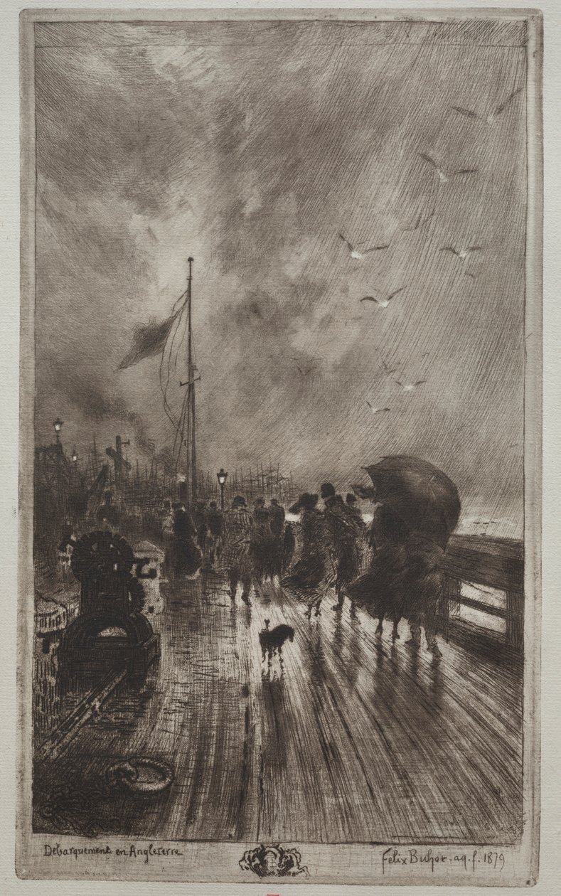 Lądowanie w Anglii, 1879. autorstwa Felix Hilaire Buhot