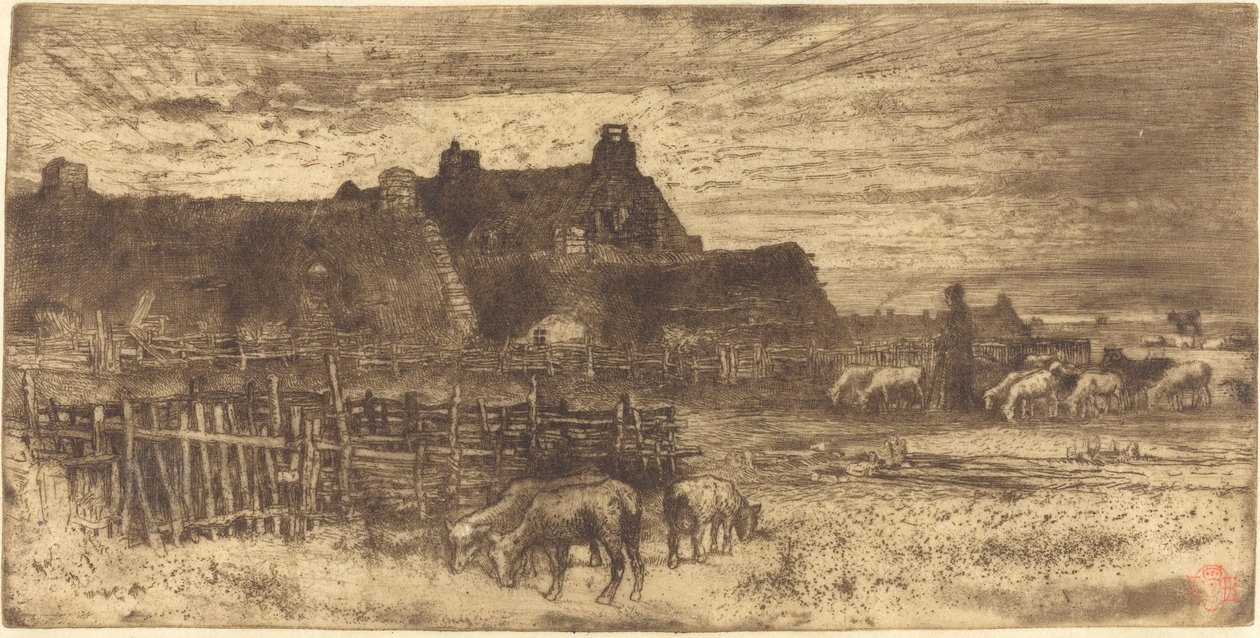 Les Bergeries, scena duszpasterska Soleil Couchant, zachodzące słońce. autorstwa Felix Hilaire Buhot