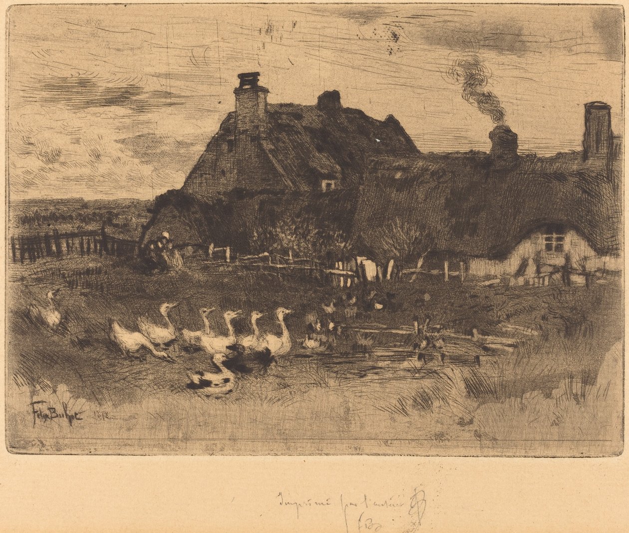 Les Petites Chaumières (domki kryte strzechą – mały talerz) autorstwa Felix Hilaire Buhot