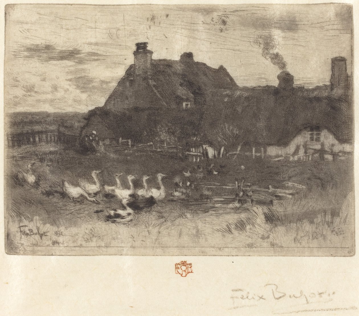 Les Petites Chaumières Domki kryte strzechą – mały talerz, 1878 r. autorstwa Felix Hilaire Buhot