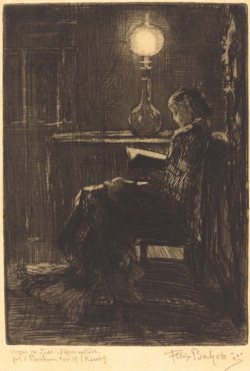 Kobieta czytająca przy świetle lampy, 1879. autorstwa Felix Hilaire Buhot
