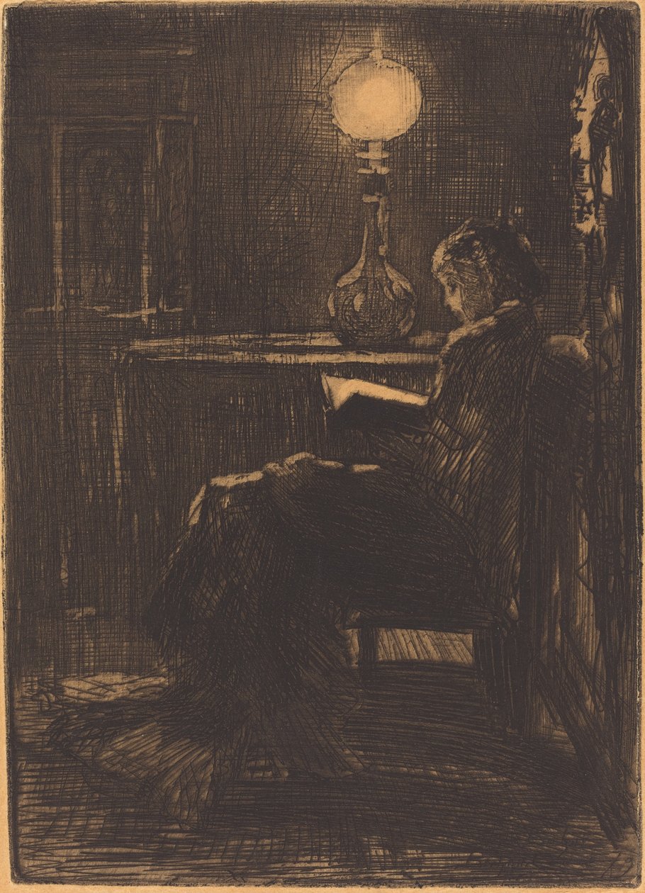 Kobieta czytająca przy świetle lampy, 1879. autorstwa Felix Hilaire Buhot