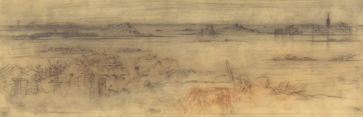 Pejzaż morski z ufortyfikowanym miastem po prawej stronie, wyspami po lewej i domkiem na pierwszym planie, c1882. autorstwa Felix Hilaire Buhot