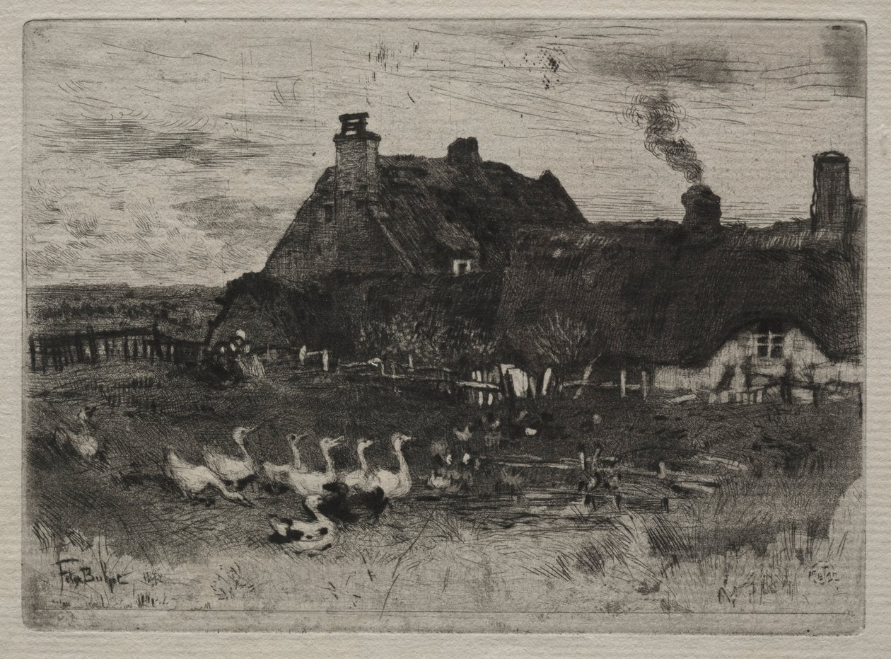 Domki kryte strzechą, 1878 r. autorstwa Felix Hilaire Buhot