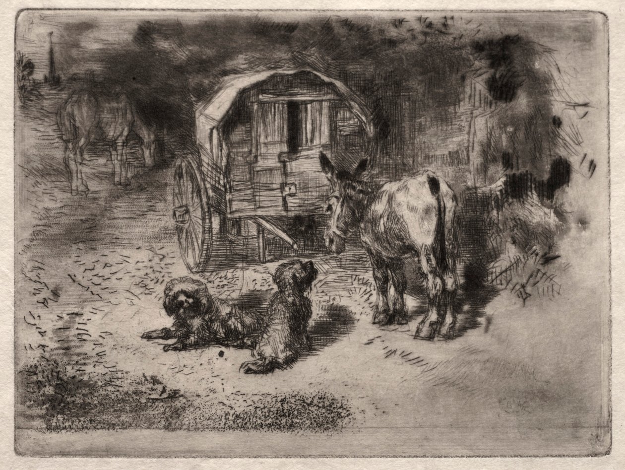 Strażnicy Domu, czyli Przyjaciele Saltimbanque, ok. godz. 1875. autorstwa Felix Hilaire Buhot