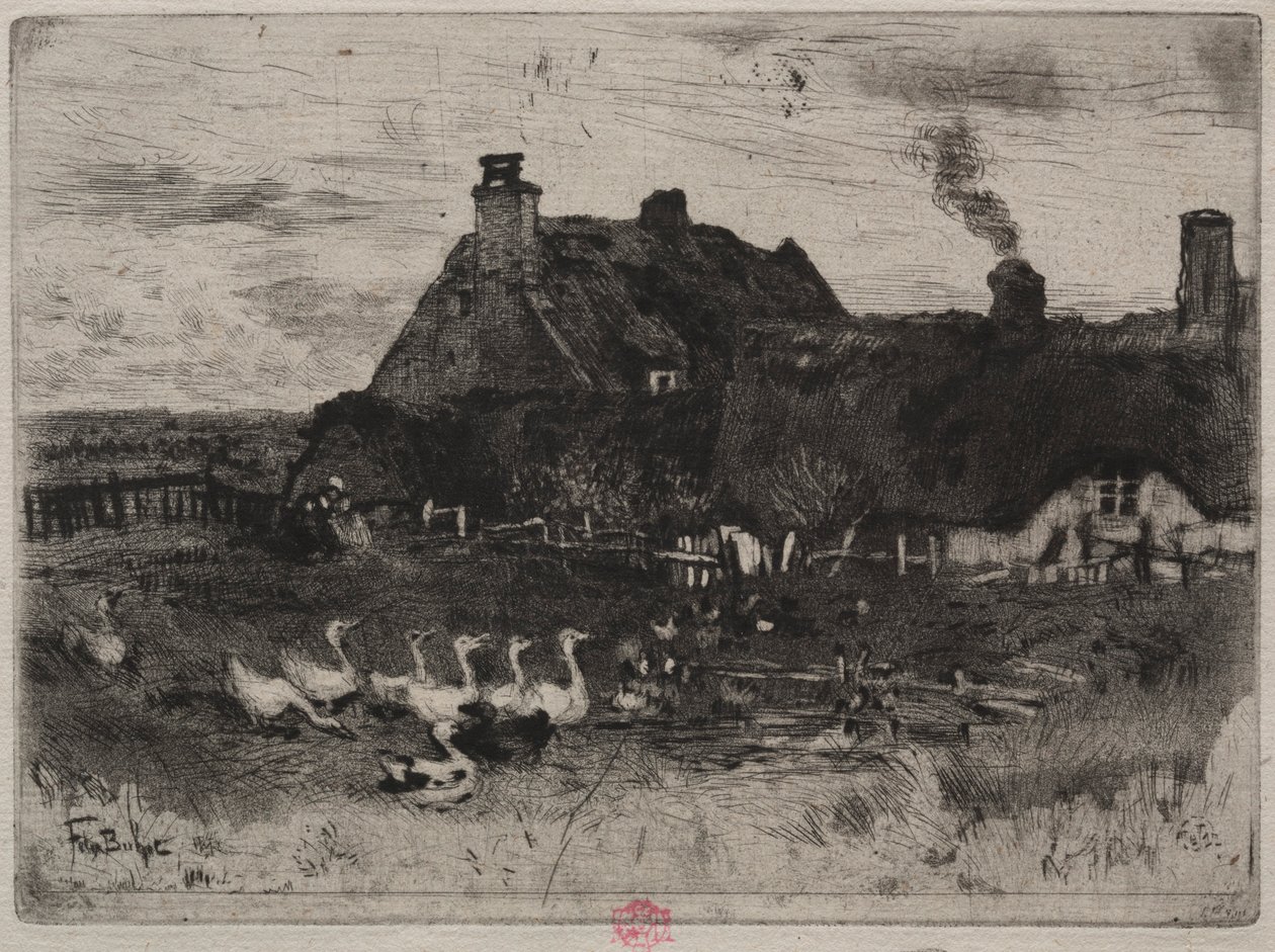 Małe domki kryte strzechą, 1878 r. autorstwa Felix Hilaire Buhot