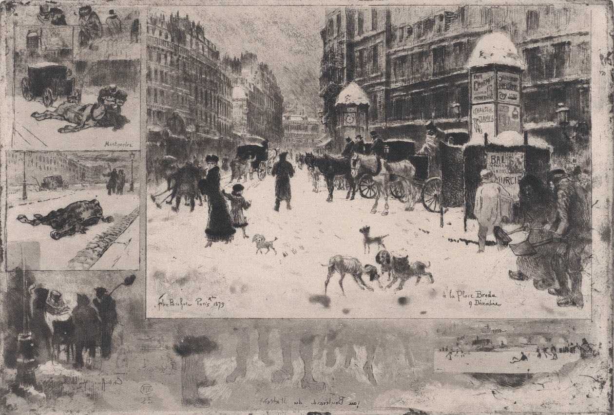 Zima w Paryżu lub Śnieg w Paryżu, 1879. autorstwa Felix Hilaire Buhot