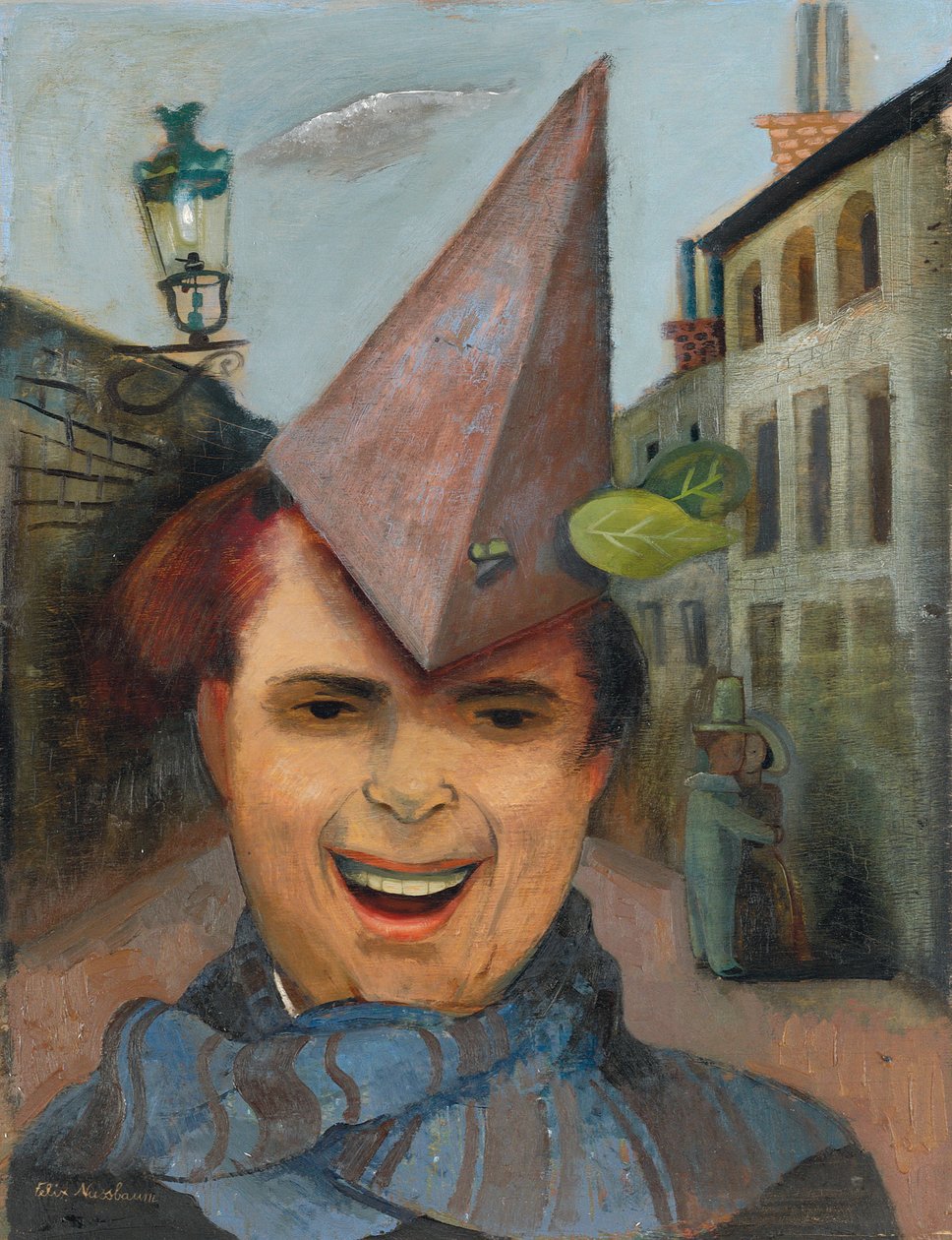 Autoportret z papierowym kapeluszem i niebieskim szalikiem, ok. 1936 (olej na sklejce) autorstwa Felix Nussbaum