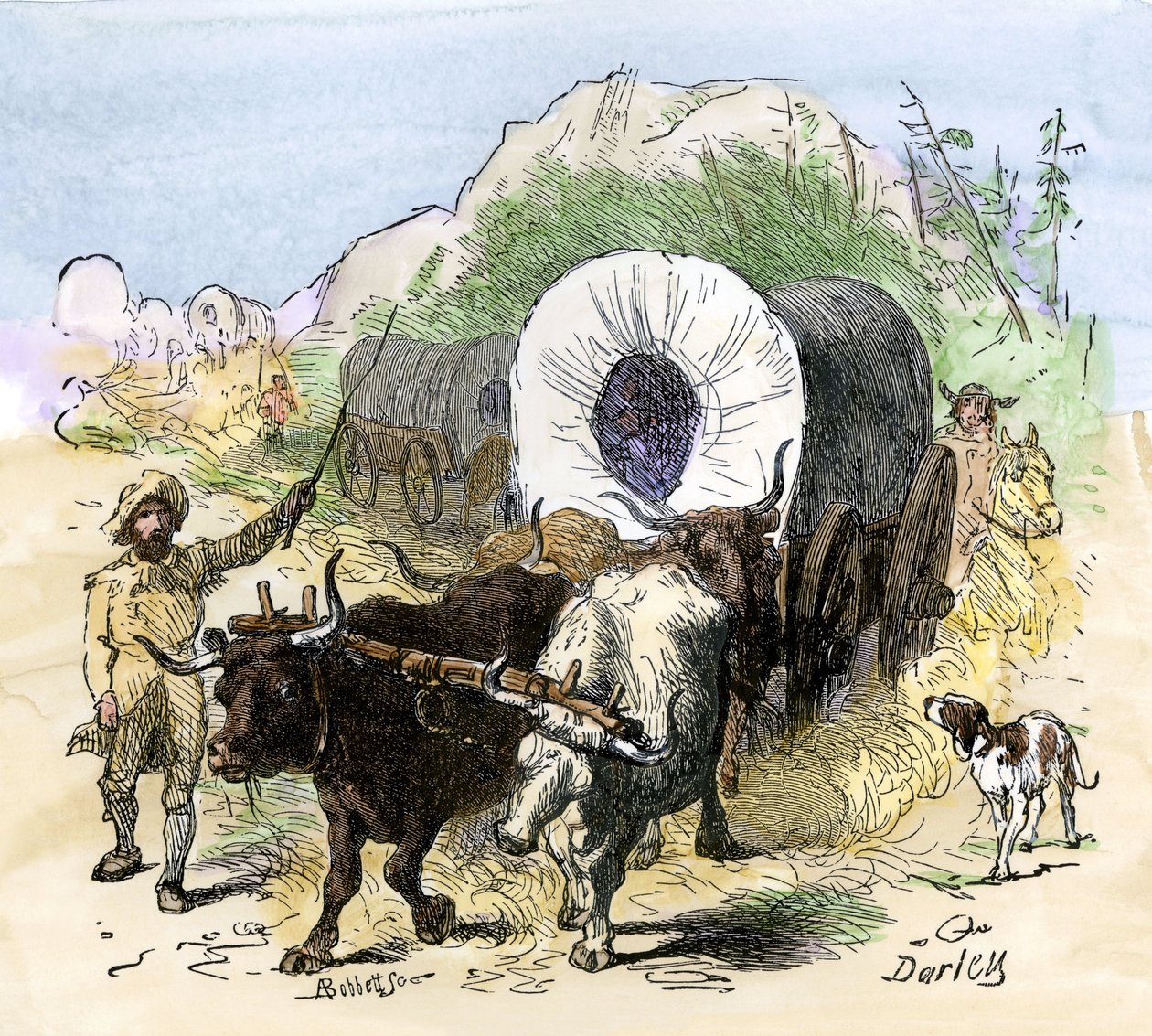 Historia osadników i podboju Zachodu: Amerykańscy pionierzy. Pionierzy wyemigrowali do doliny Missisipi na początku XIX wieku. Kolorowanie grawerowanie przez Darley. autorstwa Felix Octavius Carr (after) Darley
