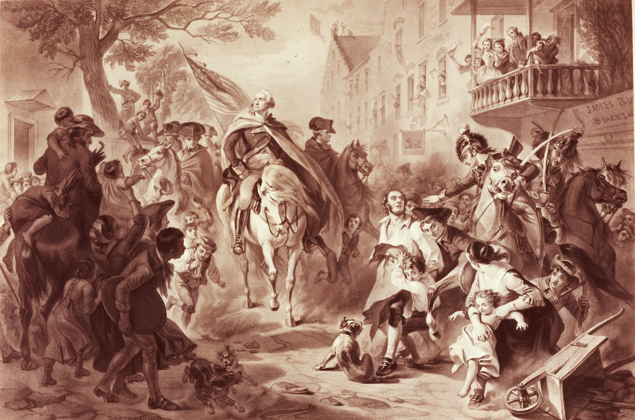 George Washington wjeżdżający do Nowego Jorku w 1783 r., rycina autorstwa Alexandra Hay Ritchie (1822-1895) (mezzotinta) autorstwa Felix Octavius Carr Darley