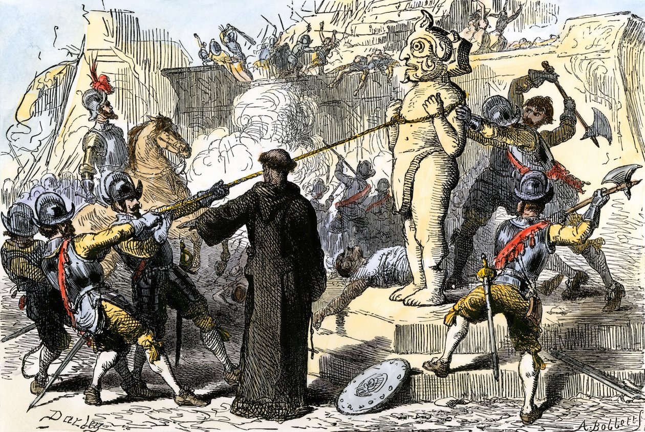 Hiszpańscy księża niszczący azteckie bożki w Meksyku. XIX wiek (kolorowa rycina) autorstwa Felix Octavius Carr Darley