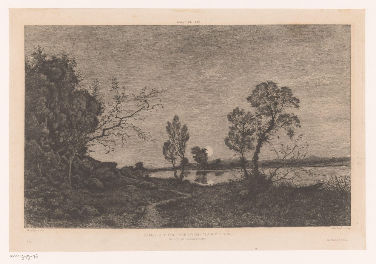 Krajobraz z jeziorem przy świetle księżyca Étang de Grand-Rue (Yonne) Clair de Lune (tytuł na obiekcie) autorstwa Felix Oudart