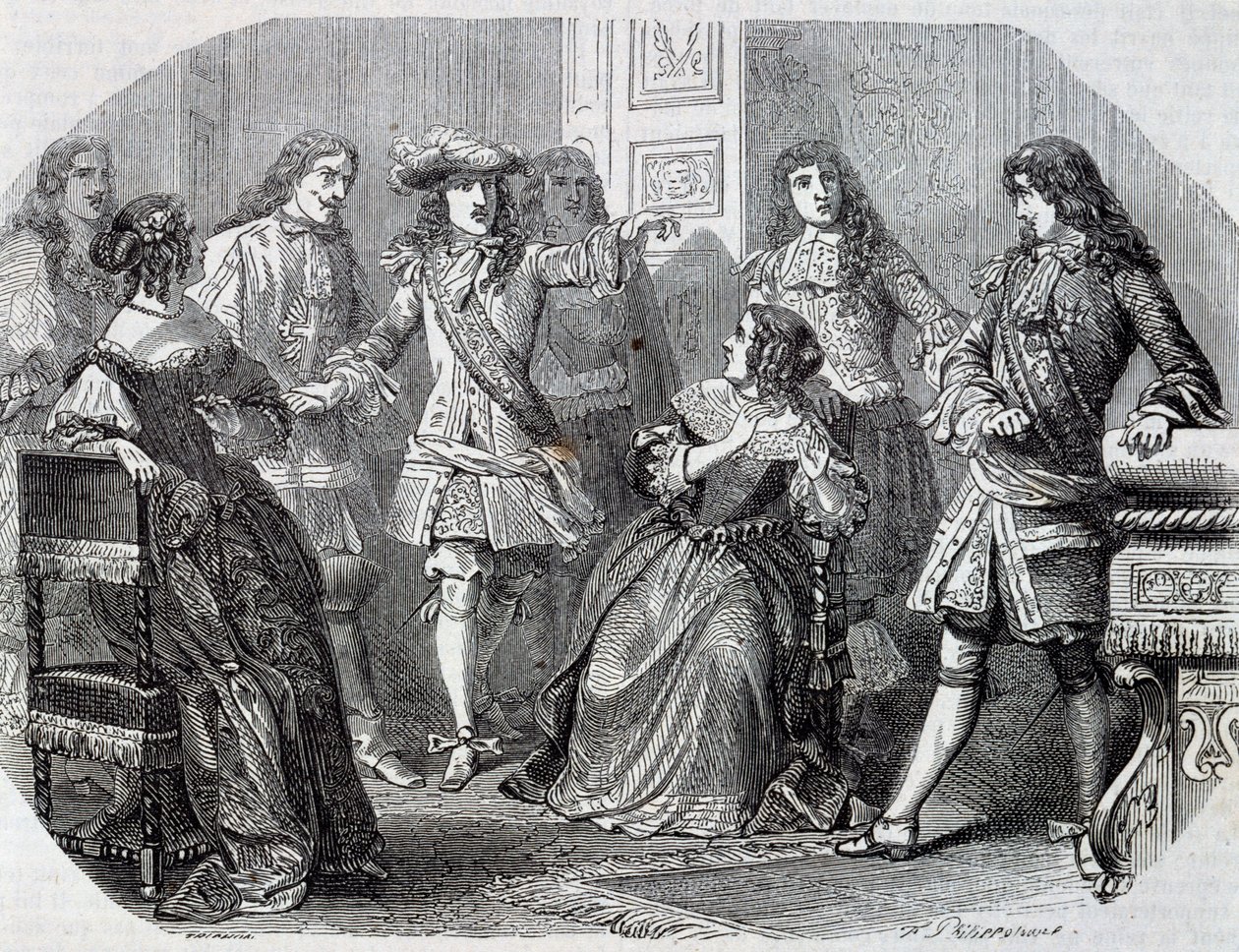 Aresztowanie nadinspektora finansów Nicolasa Fouqueta, rycina Henri Felixa Emmanuela Philippoteaux (1815-1884) z wicehrabiego Bragelonne, autorstwa Alexandre Dumasa (1802-1870) autorstwa Felix Philippoteaux