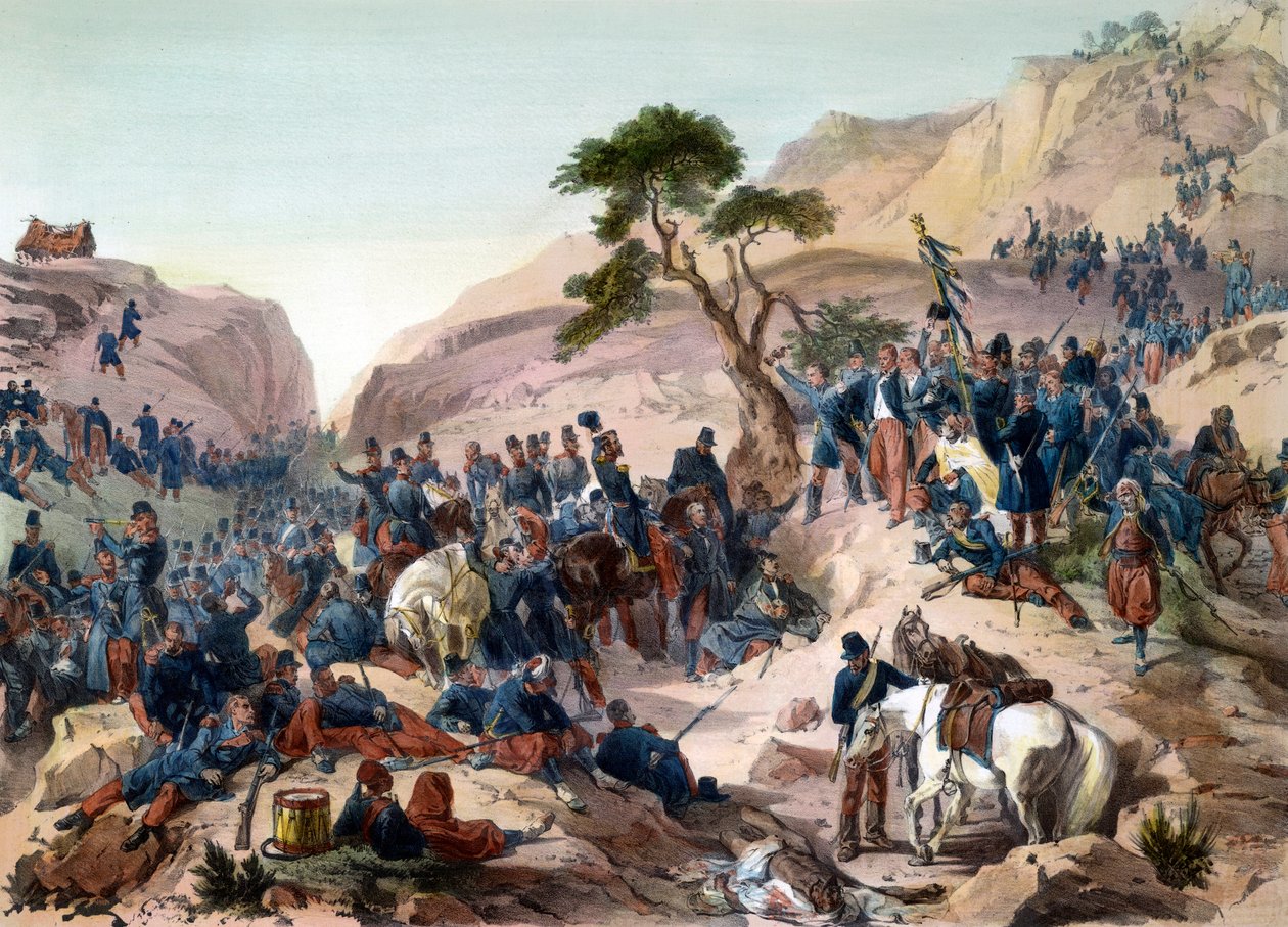 Odcinek podboju Algierii w 1840 r. - Bitwa pod przełęczą Mouzaia (1840) - Książę orleański ćwiczy dowodzenie w armii francuskiej - rycina Philippoteaux - Armia francuska wygrywa bitwę pod Mouzaia o przełęcz Mouzaia na 1 autorstwa Felix Philippoteaux