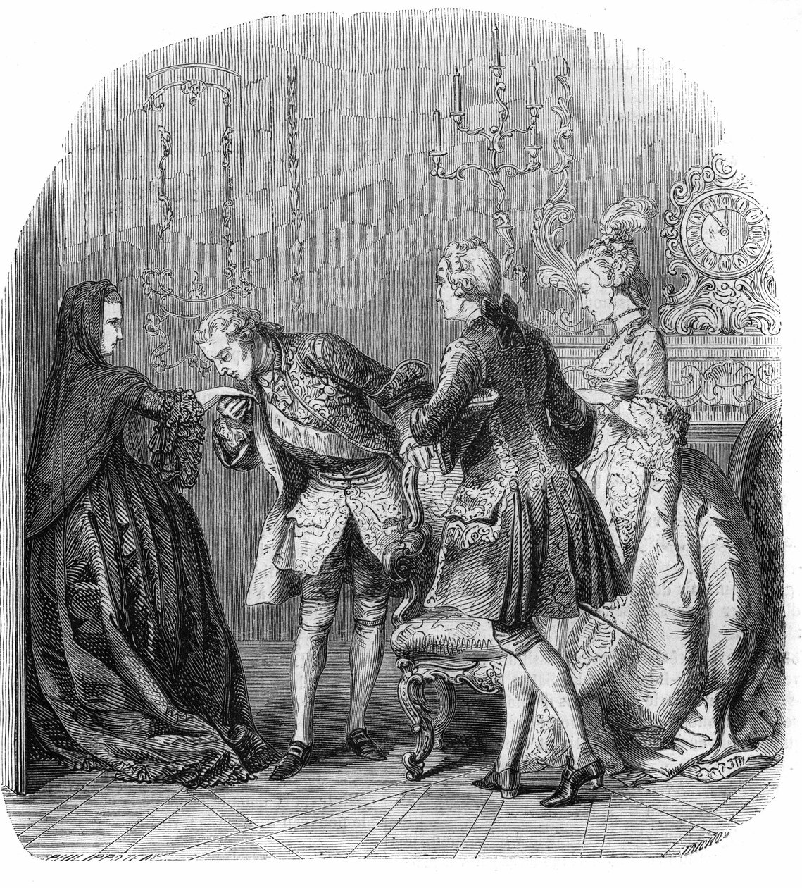 Ludwik XV (1710-1774) całuje rękę księżnej Lamballe (Marie Therese Louise de Savoie-Carignan lub Savoie Carignan) (1749-1792), w obecności markiza de Richelieu i Melle Lange (przyszła hrabina Barry ( Madame du Barry) urodziła się jako Jeanne Be autorstwa Felix Philippoteaux