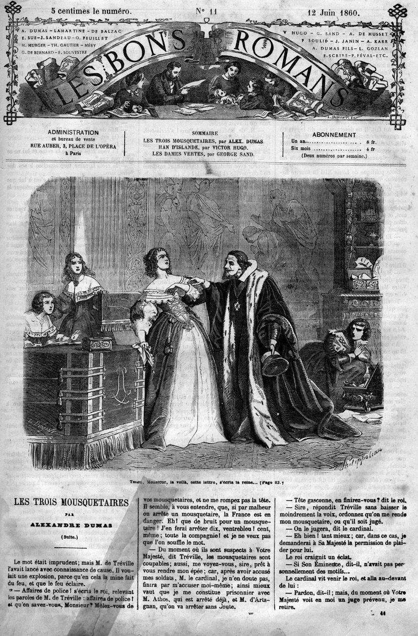 Serial rzymski: „Trzej muszkieterowie” Aleksandra Dumasa (1802-1870). Podejrzana o niewierność przez swojego męża, Ludwika XIII, królową Annę Austrii (1601-1666) musi dostarczyć kanclerzowi list, który rzekomo napisała do księcia Buckingham, jej domniemane autorstwa Felix Philippoteaux