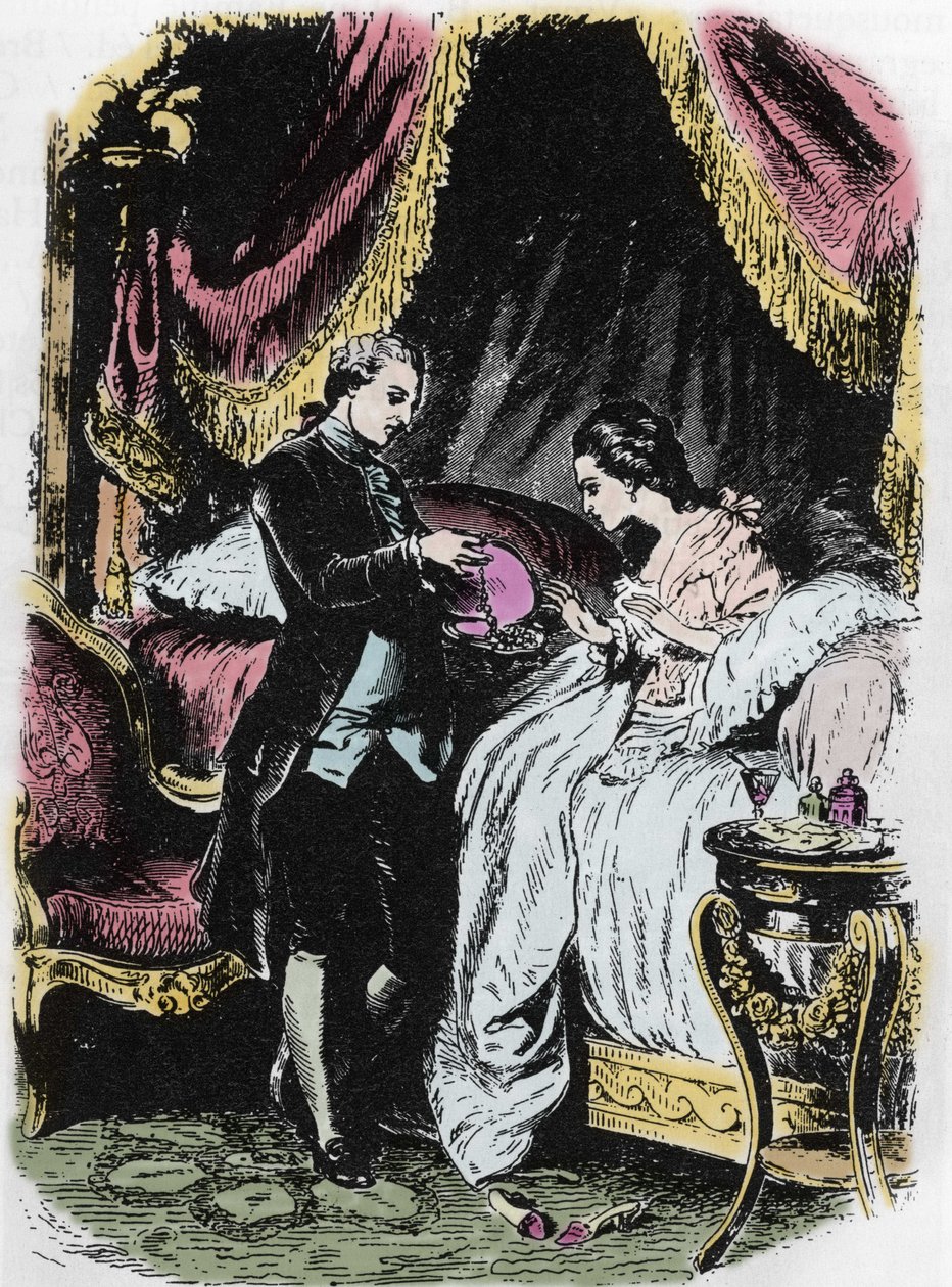 Alkohol królowej inspiruje opakowanie naszyjnika. Rysunek Felixa Philippoteaux (1815-1884) do „Naszyjnika królowej” Aleksandra Dumasa. autorstwa Felix Philippoteaux