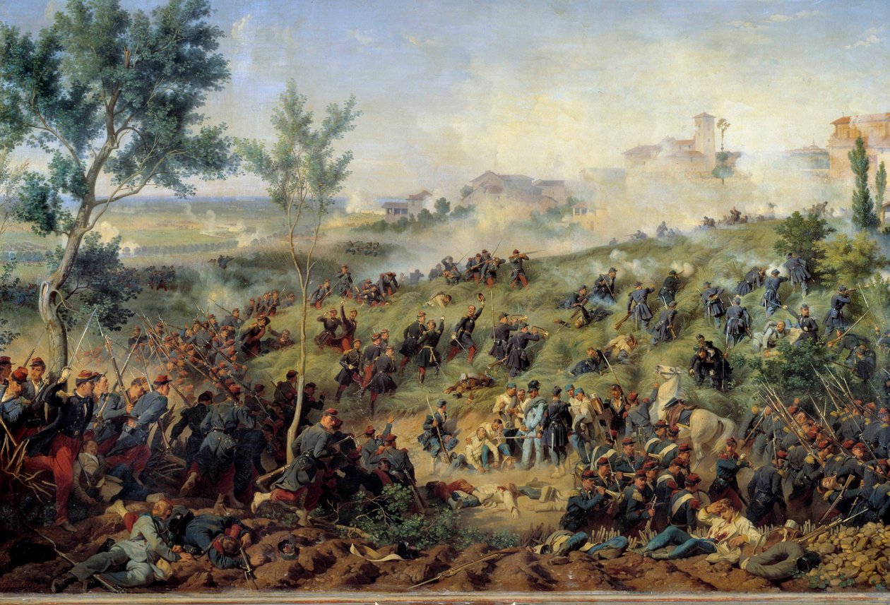 Widok na bitwę pod Montebello di Casteggio, 20.05.1859 Francja zdobywa armię austriacką. Obraz Henri-Felix-Emmanuela Philippoteaux (1815-1884) 1862. Wym. 1x1,5m. Paryż, Musee de l
