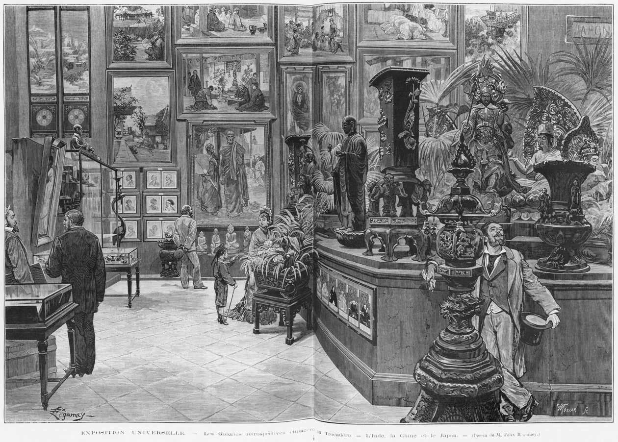 Zagraniczne galerie retrospektywne Trocadero, Indie, Chiny, Japonia, na Wystawie Powszechnej 1878, Paryż, z „Le Monde Illustre”, nr 1129, 16.11.1878 autorstwa Felix Regamey